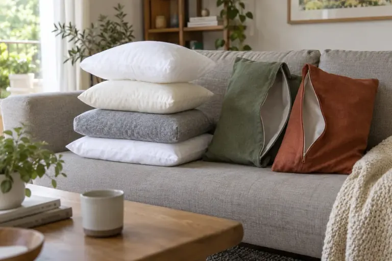 Different cushion inserts beside two empty covers on a sofa.