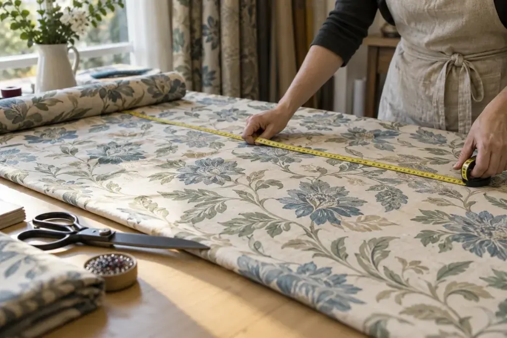 Patterned curtain fabric laid on a cutting table with a tape measure showing repeated floral motifs.