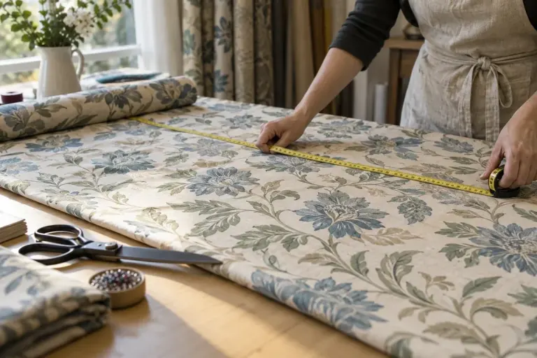 Patterned curtain fabric laid on a cutting table with a tape measure showing repeated floral motifs.
