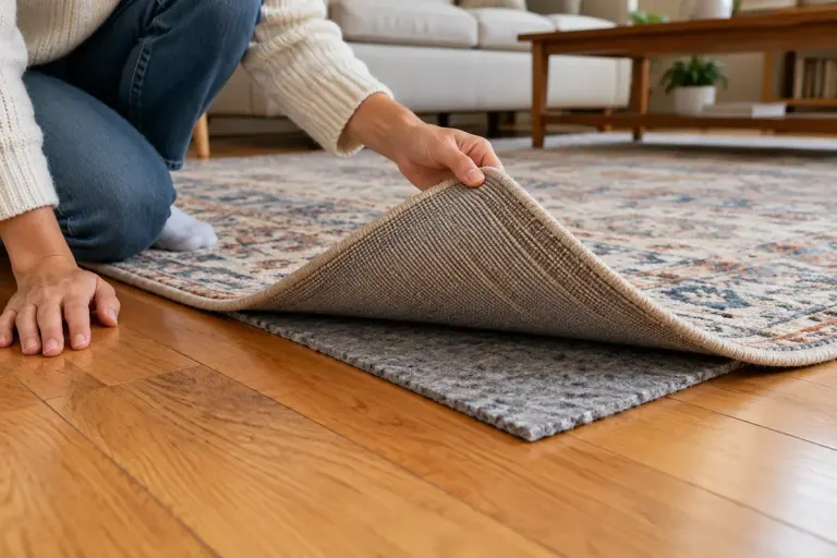 A homeowner lifting the corner of a rug to check its underlay on a wood floor.