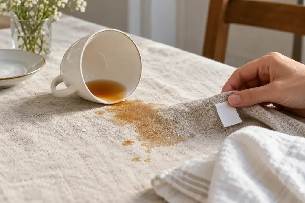 A small tea spill on a linen tablecloth beside its folded care label and a white cloth.