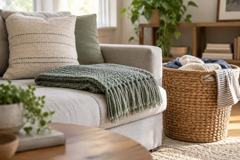 Folded throw blanket on a sofa beside laundry basket.