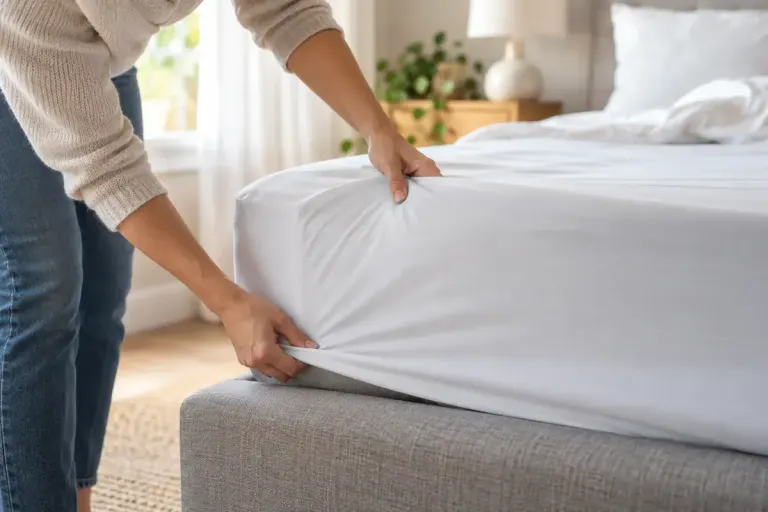 Hands fitting a plain sheet around a deep mattress corner.