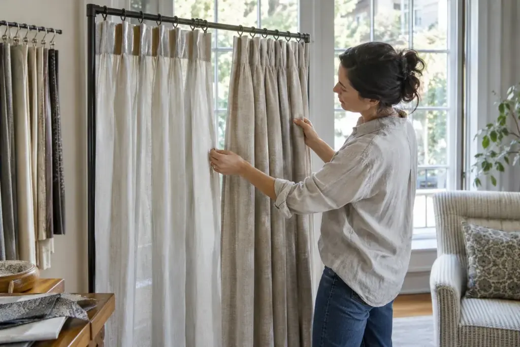 Interior decorator comparing lightly gathered and fuller curtain samples on a demonstration rail by a window.