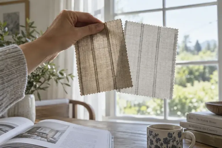 Hand holding two lined curtain fabric samples against a bright window to compare light transmission, natural textile texture.