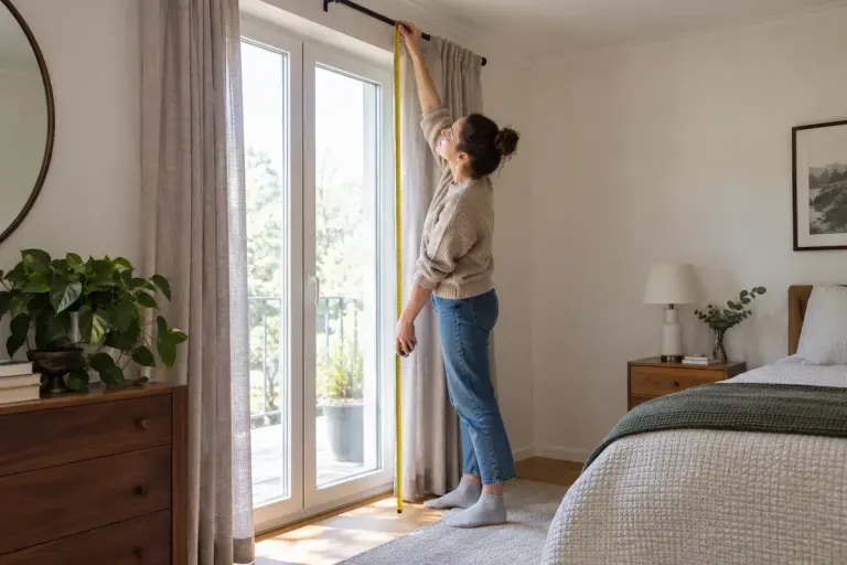 A curtain drop being measured beside a window and wooden floor.