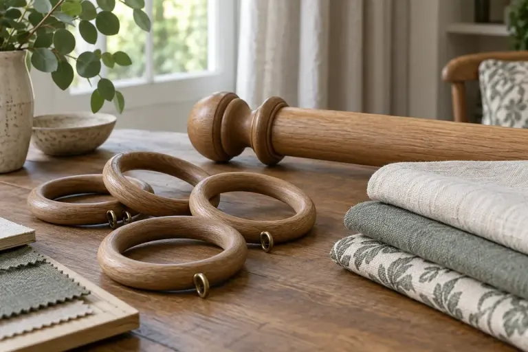 Wooden curtain rings beside a matching pole and fabric samples.