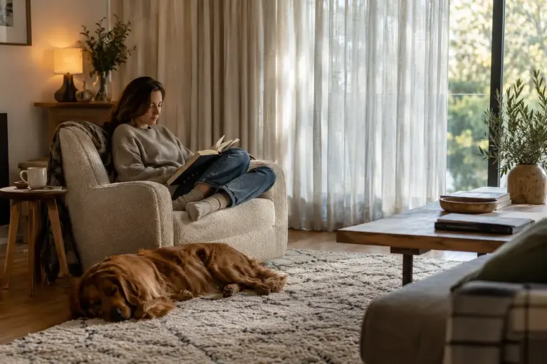 A quiet living room with full length textured curtains and a soft rug.