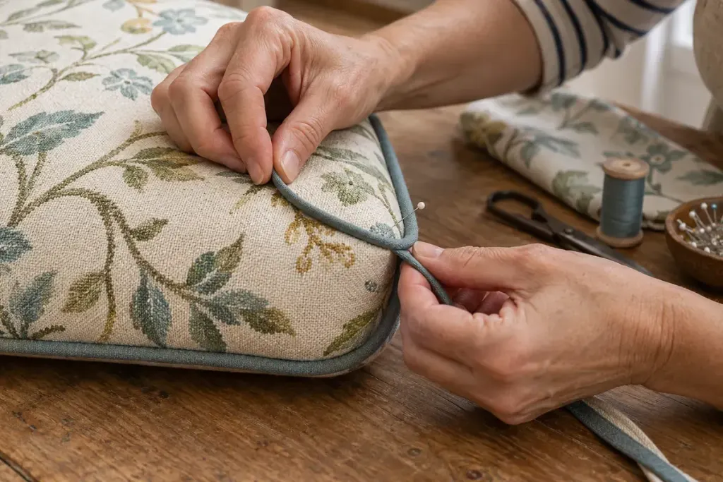 Sewing hands arranging piping around the curved corner of a cushion cover.