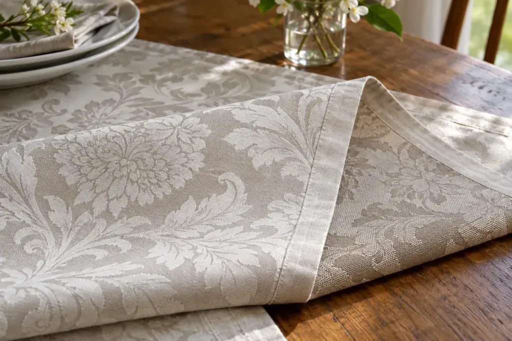 A damask table linen sample folded to show its front and reverse in soft side light.