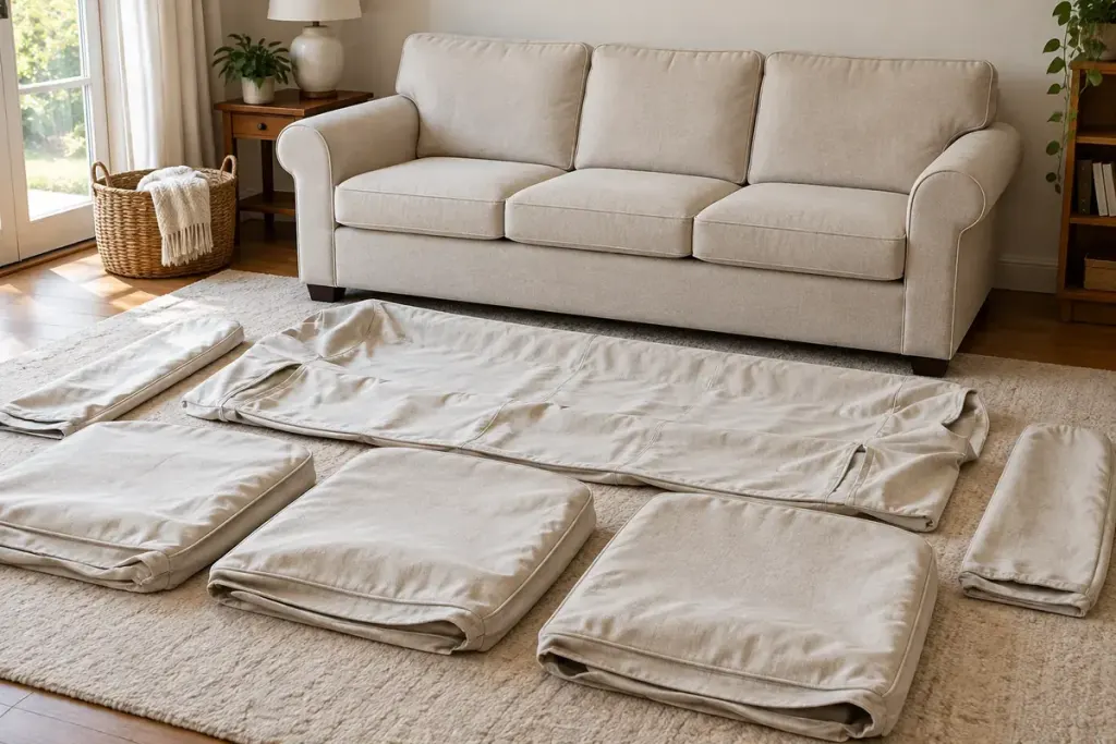 Separate cushion covers and a sofa frame cover laid out beside a plain sofa.