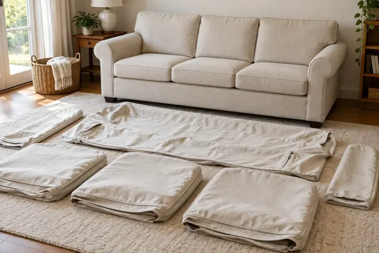 Separate cushion covers and a sofa frame cover laid out beside a plain sofa.