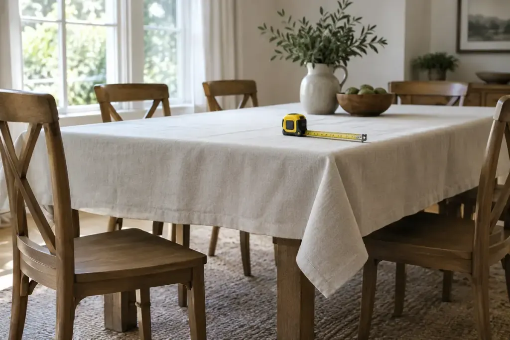A linen tablecloth draped evenly over a rectangular dining table beside wooden chairs, a measuring tape resting on the tabletop.