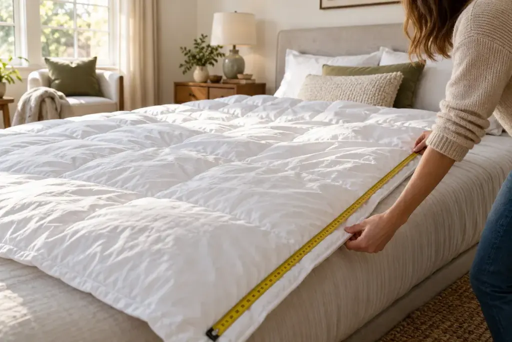 A bed with a duvet insert partly spread out and a measuring tape along its edge.