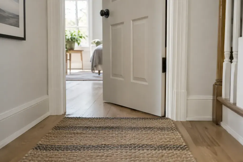 A partly open interior door clearing a flat woven rug in a bright hallway.