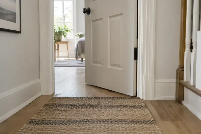 A partly open interior door clearing a flat woven rug in a bright hallway.