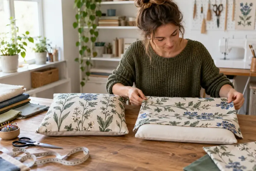 An interior sewing enthusiast positioning patterned fabric over two cushion templates.