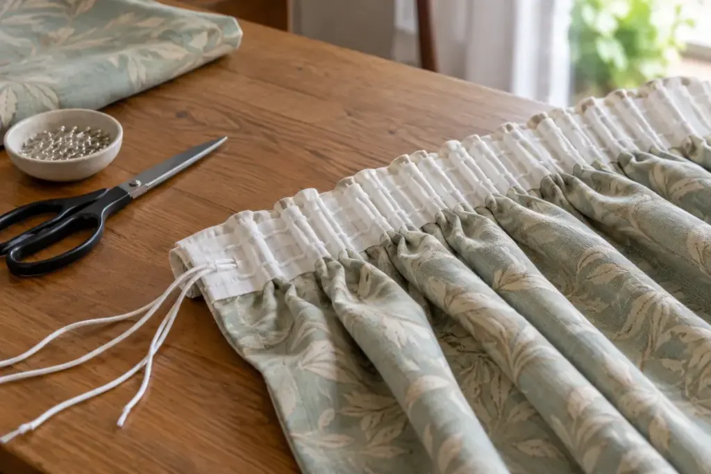 Curtain heading tape with gathered pencil pleats and secured drawcords on a worktable.
