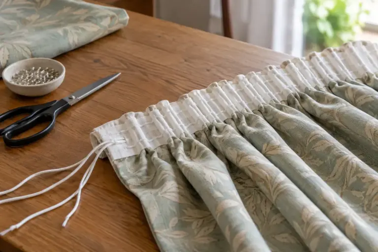 Curtain heading tape with gathered pencil pleats and secured drawcords on a worktable.