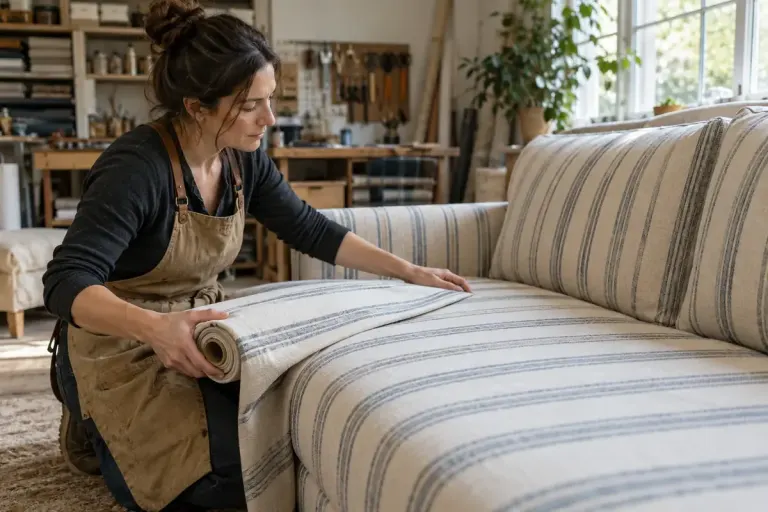 An upholsterer checking a striped fabric roll against a wide sofa seat.