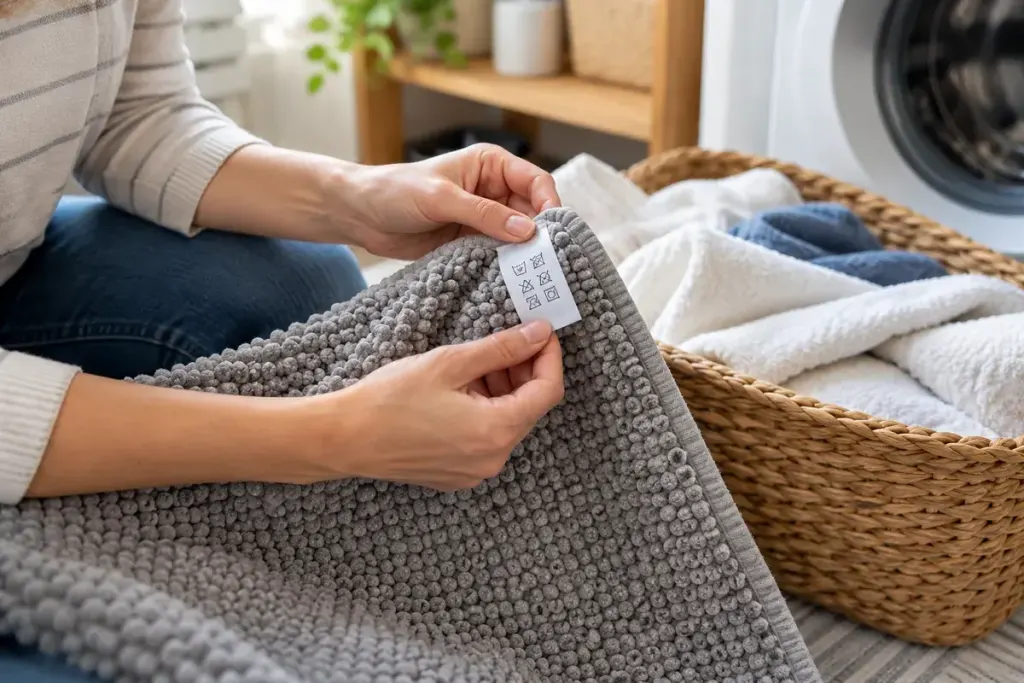 Hands reading a bath mat's care label beside a laundry basket.