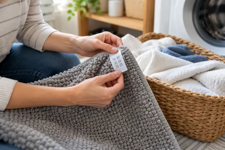 Hands reading a bath mat's care label beside a laundry basket.