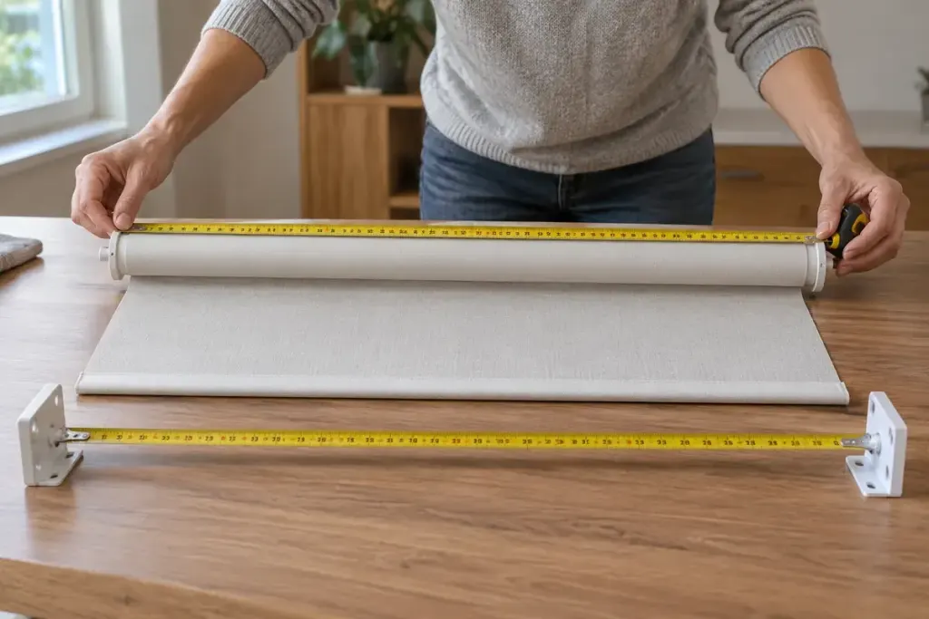 A decorator measuring the fabric and outer brackets of an uninstalled roller blind.