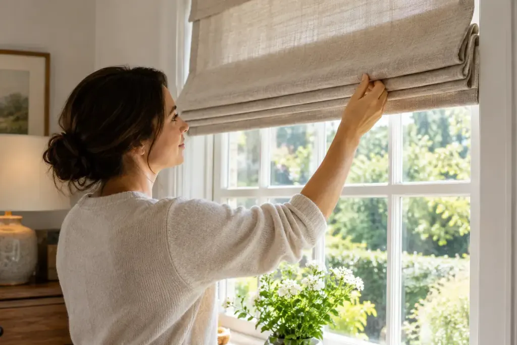 A partly raised fabric roman blind above a domestic window with its folded stack clearly visible.