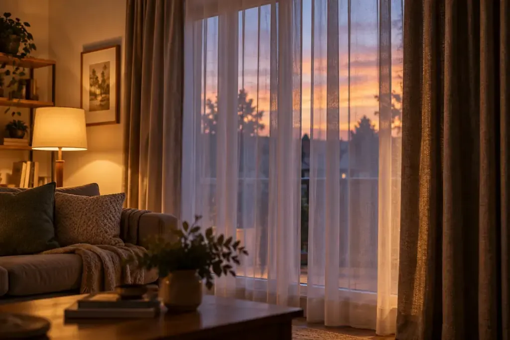 Living room window with sheer curtain and heavier curtain in evening light.