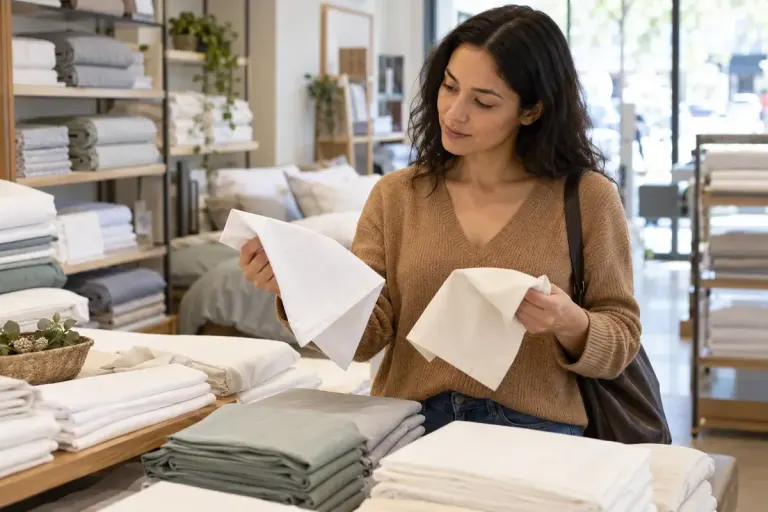 A shopper comparing two cotton sheet swatches in daylight beside folded bedding.