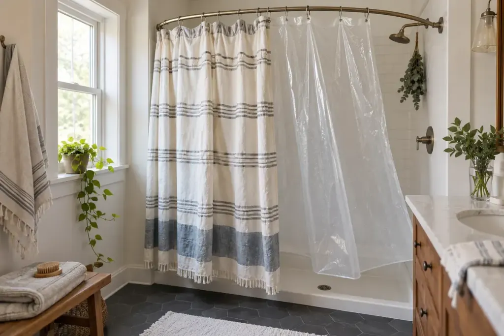 A bathroom with a fabric shower curtain and separate liner spread open for drying.