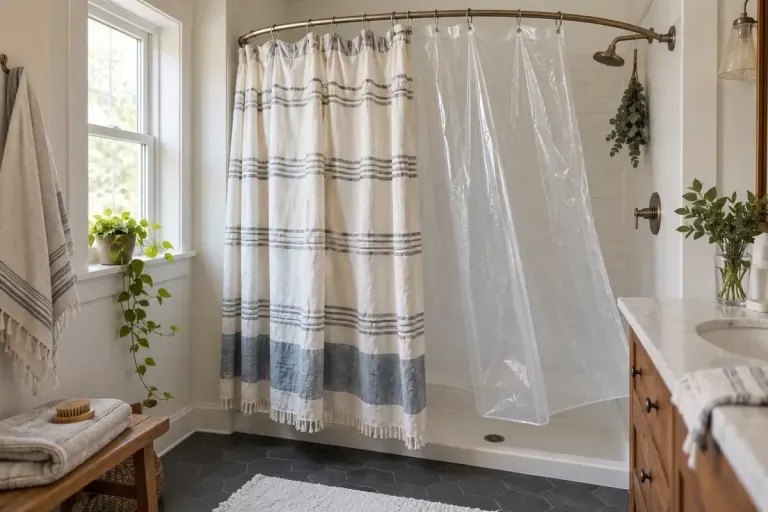 A bathroom with a fabric shower curtain and separate liner spread open for drying.