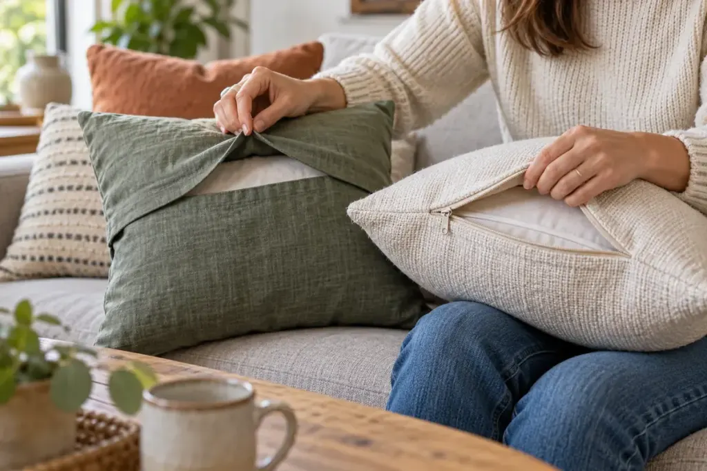 Close up of hands comparing envelope and zipped cushion covers on a comfortable sofa, natural textile textures.