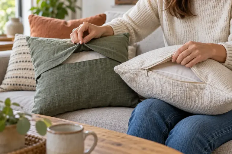 Close up of hands comparing envelope and zipped cushion covers on a comfortable sofa, natural textile textures.