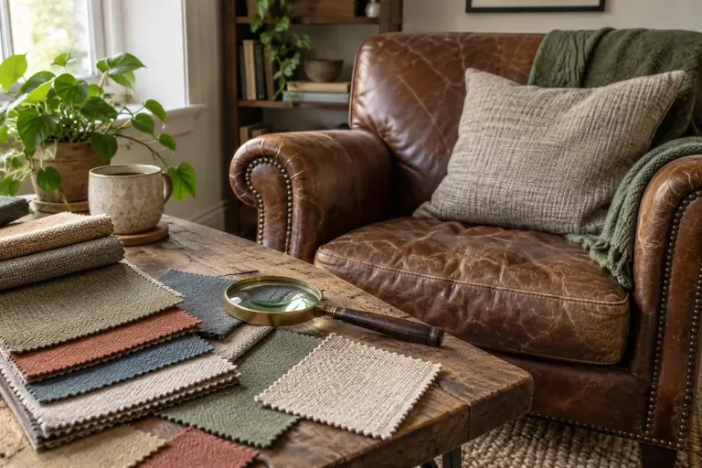 Upholstery fabric samples beside well-used armchair and magnifying glass, natural texture detail.
