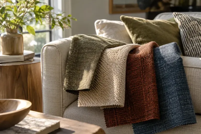 Upholstery swatches arranged on a chair in natural window light.